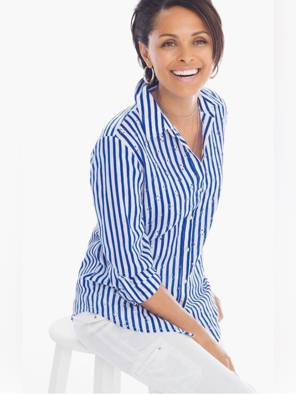 Chico's Blue and White Striped Button Down linen Shirt Size XL